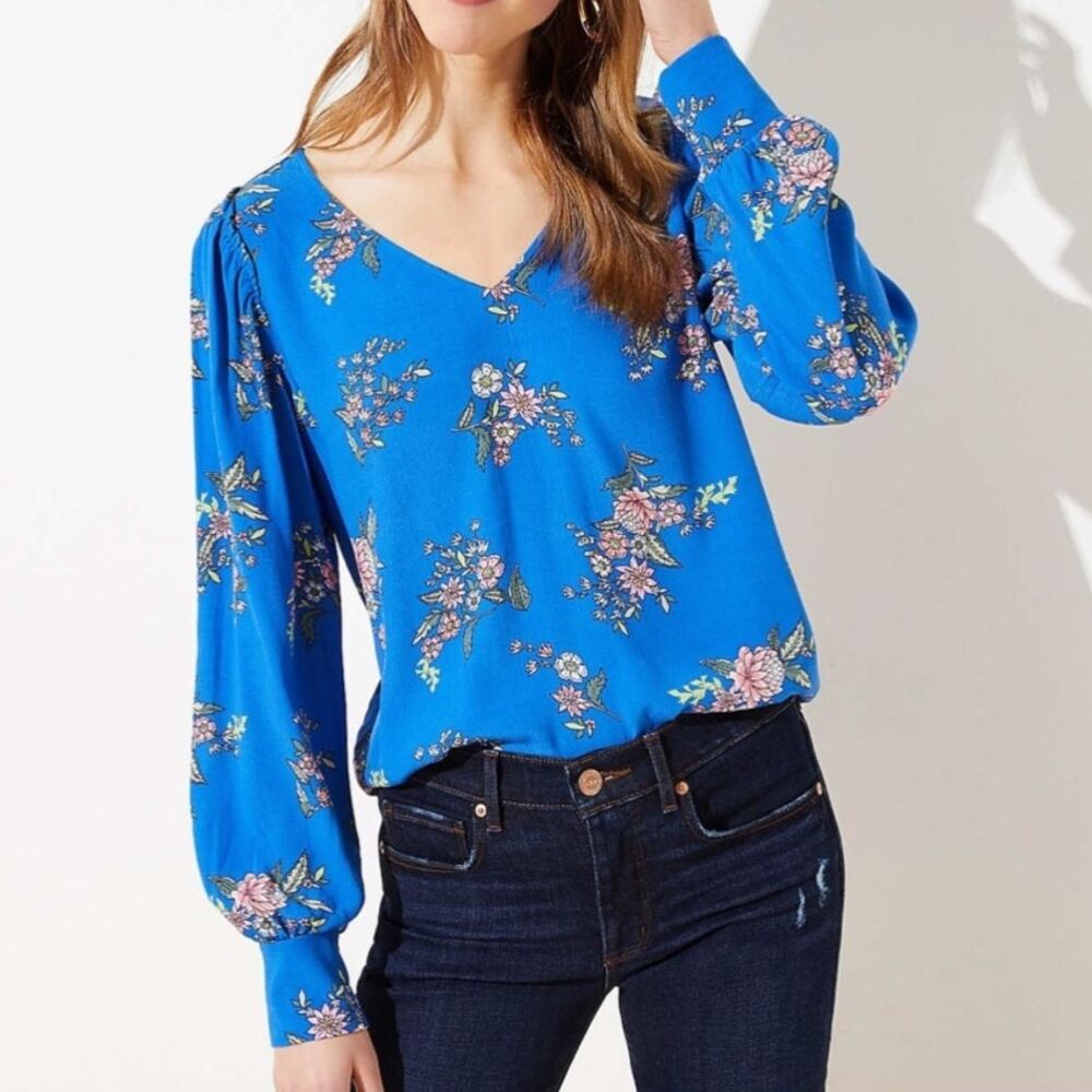 LOFT Ann Taylor Flora Floral Print Blue Blouse Long Cuff Sleeve Ruffle Top sz S